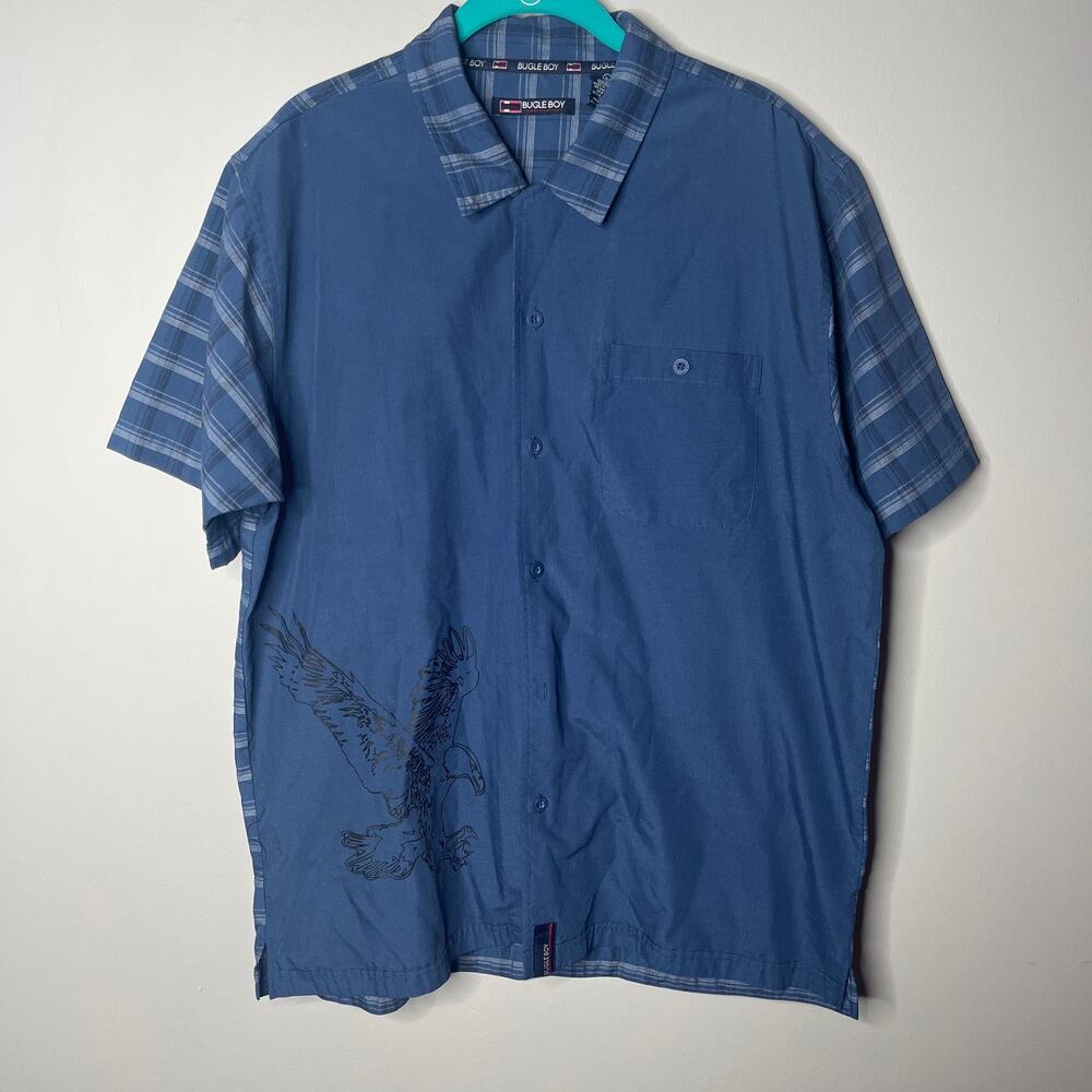 Bugle Boy Jean Company Large Vintage Navy Blue and Checkered Casual Button Up